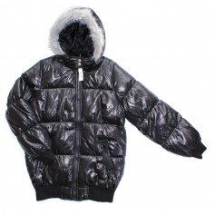 obrázek Zimní černá lesklá bunda s kapucí lemovanou kožešinkou